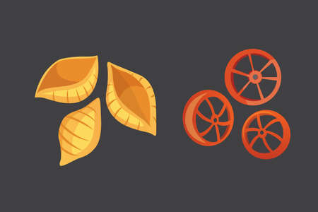 Vector set Italian pasta in cartoon style. Different types and shapes of macaroni with. Ravioli, spaghetti, tortiglioni illustrationのイラスト素材