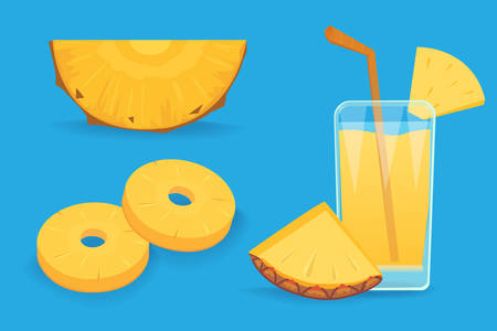 Set of pineapple slices isolated on blue background. Fresh natural fruit.のイラスト素材