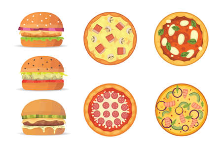 Vector illustration of various fast food. Cartoon pizza and burger isolated illustrationのイラスト素材