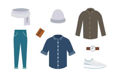 Collection of various wear and shoes for cold season. Mens autumn look. Clothing in flat style...