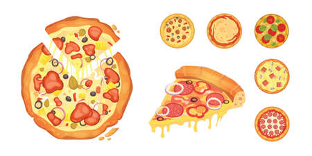 Thinly sliced pepperoni is a popular pizza. Italian cook and pizzas delivery.のイラスト素材