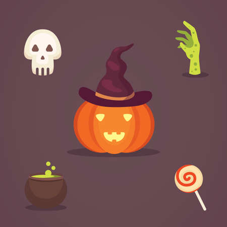 Set Halloween vector illustrations in cartoon style. Funny pumpkin, skeleton, zombie.のイラスト素材