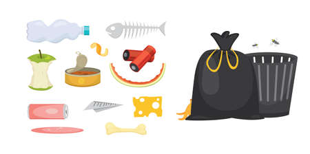 Trash and garbage set illustrations in cartoon style. Biodegradable, plastic and dumpster iconsのイラスト素材