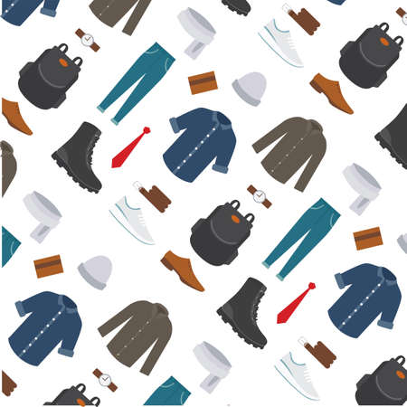 Collection of various wear and shoes for cold season. Mens autumn look. Clothing in flat style designのイラスト素材