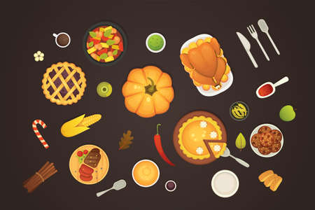 thanksgiving dish menu top view table with roasted turkey vector cartoon. Pumpkin with barry pie and meat. Vector cartoon illustration.のイラスト素材