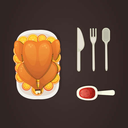 Baked turkey with orange for Thanksgiving Day in cartoon style. outumn food.のイラスト素材