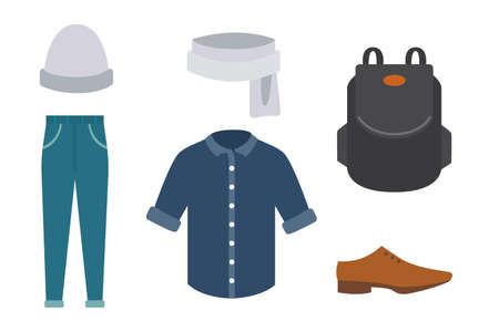 Collection of various wear and shoes for cold season. Mens autumn look. Clothing in flat style designのイラスト素材