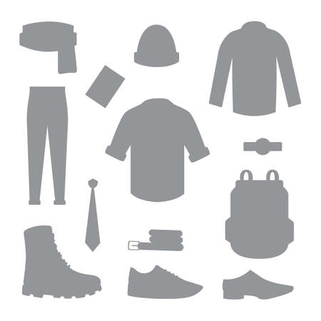 Collection of various wear and shoes for cold season. Mens autumn look. Womens clothing set.のイラスト素材