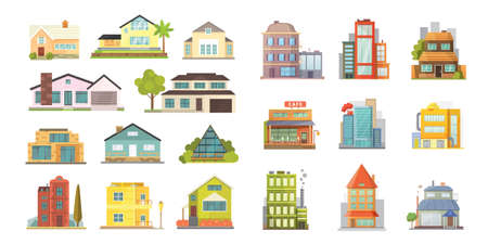 Set of different styles residential houses. City architecture retro and modern buildings. House front cartoon vector illustrationsのイラスト素材