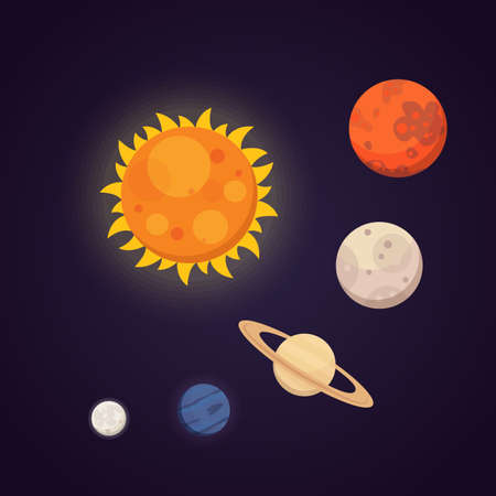 Set of colorful bright planets. Solar system, space with stars. Cute cartoon vector illustration.の写真素材