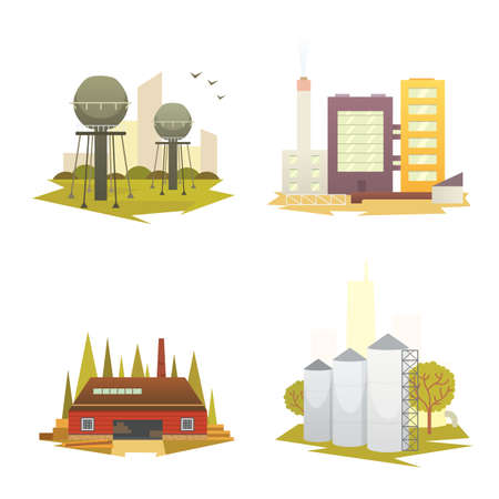 Different industrial factory buildings and plants. Industrial city construction set vector illustrations.のイラスト素材
