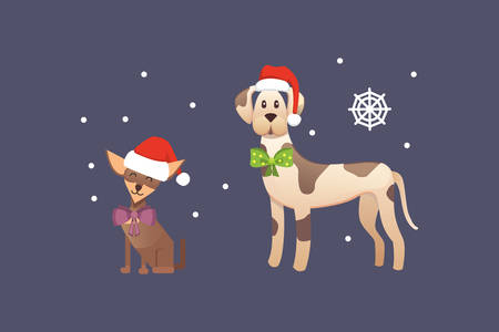 Set of cute dogs in red santas hat. Christmas puppy winter cartoon illustrationのイラスト素材