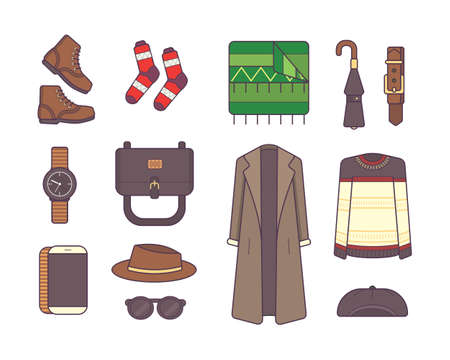 Big set of stylish winter clothes and accessories. Style and fashion concept. Outerwear seasonal line art fashion illustrationの写真素材