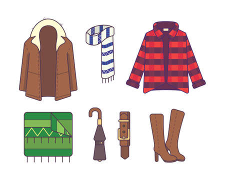 Big set of stylish winter clothes and accessories. Style and fashion concept. Outerwear seasonal line art fashion illustration.のイラスト素材