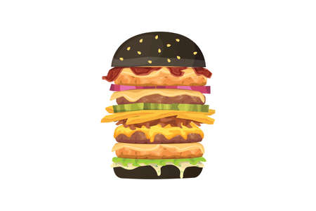 Big burger cartoon fast food illustration. Black hamburger.のイラスト素材