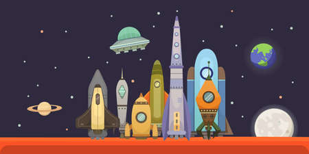 Rocket ship in cartoon style. New Businesses Innovation Development Flat Design Icons Template....