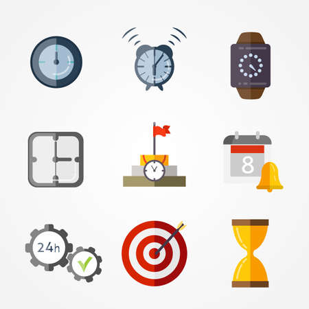 Time management planning and control. Clock, timer, speed, alarm, restore, calendar. Vector flat...
