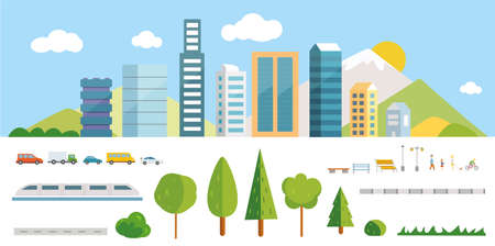 City constructor vector illustrations. Elements for creating your own town.のイラスト素材
