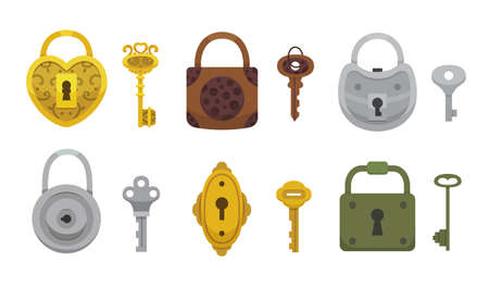 Set of vintage keys and locks. Vector illustration cartoon padlock. Secret, mystery or safe iconのイラスト素材