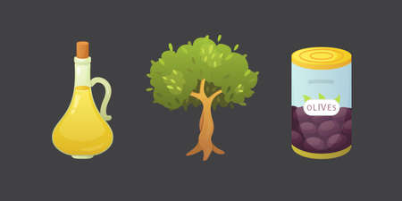 Set olives fruit. Olive oil bottle, tree vector illustration in cartoon style.のイラスト素材