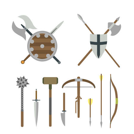 Set of different medieval weapons vector flat illustrationsのイラスト素材