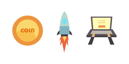 Illustration of a token coin, rocket and laptop icons.のイラスト素材