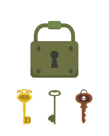 Set of vintage keys and locks illustration with a green cartoon padlock.のイラスト素材