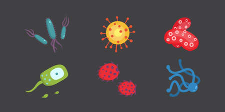 Set colorful viruses vector illustration. Bacteria and micro-organisms in cartoon style