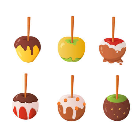Sweet caramel and chocolate candy apple set. Vector illustration in cartoon style.のイラスト素材