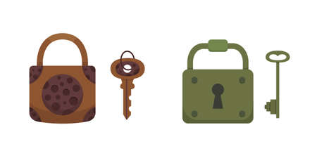 Set of vintage keys and locks. Vector illustration cartoon padlock. Secret, mystery or safe iconのイラスト素材
