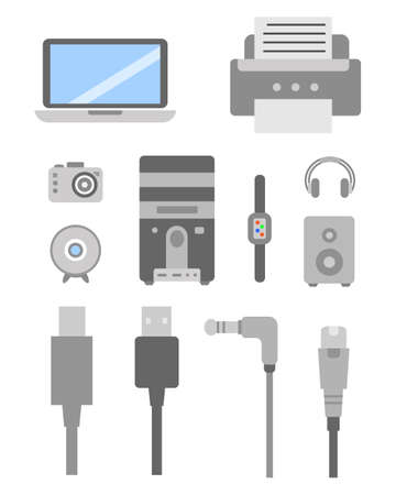 Vector set of PC flat icons. Cable wire computer and electricity plug collection.の写真素材
