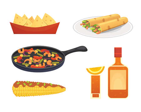 Mexican cuisine cartoon dishes illustration setのイラスト素材