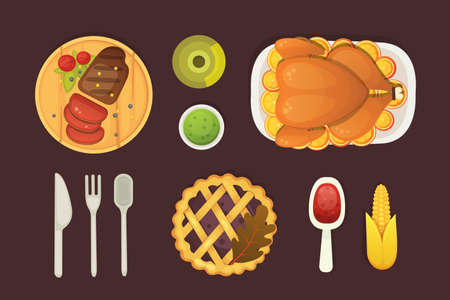 thanksgiving dish menu top view table with roasted turkey vector cartoon. Vector cartoon illustrationのイラスト素材