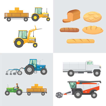 Set harvest vector. Agricultural machinery, farm vehicle and collection bread production. Tractors, harvester, combine illustration in flat design. Agriculture summer harvesting.の写真素材