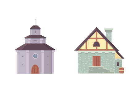 Medieval historical buildings, architecture of old city houses.のイラスト素材