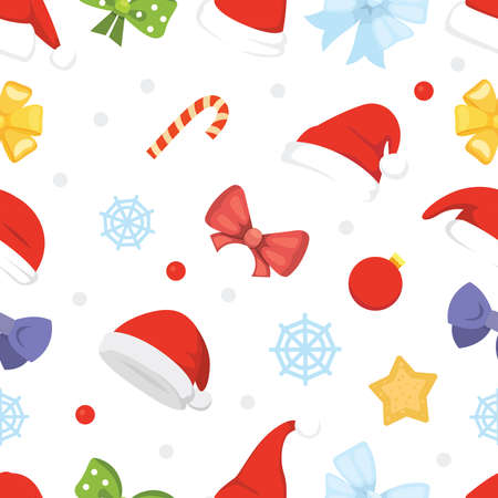 New year seamless pattern of christmas hats and decorations, star, candy, snowflake.