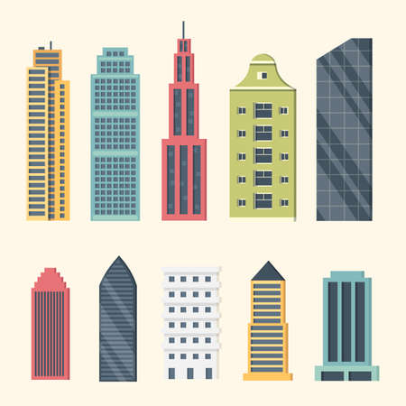 Buildings and downtown skyscrapers. Big city buildings vector illustration. Office apartment and house residential exteriorのイラスト素材
