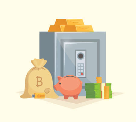 Saving money vector illustration in cartoon style. Safe with money, gold bar, pink piggy bank and bitcoinのイラスト素材