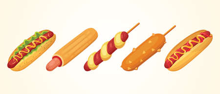 Hot dog set of vector illustrations. Collections of different ast food hotdogsのイラスト素材