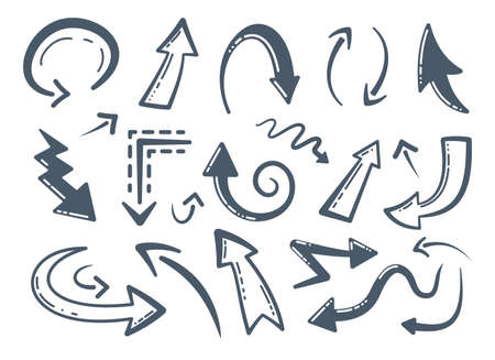 Collection of Handmade Doodle Vector Arrows. Different hand drawn arrow icons. Cursor, curve, up and down design set in cartoon styleのイラスト素材