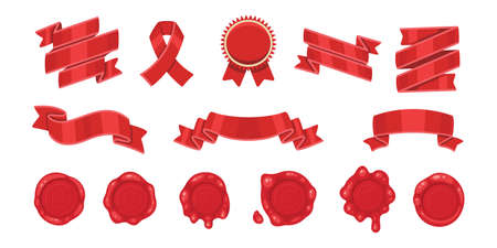 Red ribbons and cartoon red old wax stamps set, isolated on white background. Decorative ribbon banner and sealing label setcollection.のイラスト素材