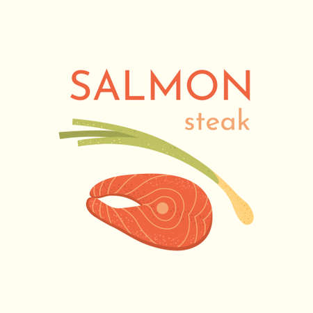 Fresh red fish meat and onion vector icons. Raw Salmon steak textured cartoon style. Organic seafood illustration for food menu Isolated.のイラスト素材