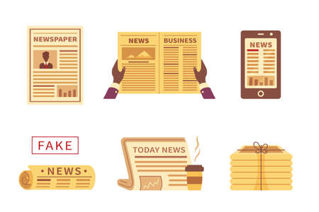 Newspaper different vector icons in cartoon style. Set of newspapers with type and picture mock up isolated on white background. Fake news.のイラスト素材