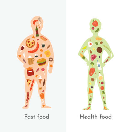 Fat and slender man vector illustration. Healthy food vs fastfood. Healthy and unhealthy nutrition. Human body and junk food vs balanced menuのイラスト素材