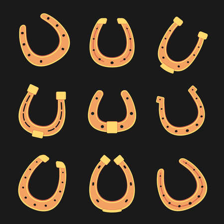 Golden horseshoes vector collection in flat style. lucky St. Patrick's day symbolのイラスト素材