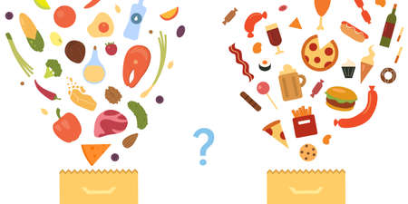Healthy food vs fastfood. Healthy and unhealthy nutrition.のイラスト素材