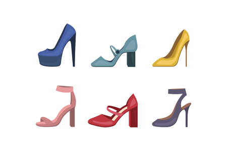 Different colorful women shoes set. High heels stiletto womens shoe collection. Fashion footwear for girls.のイラスト素材