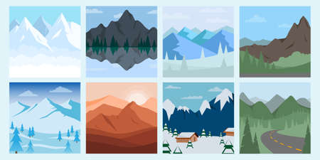 Different vector mountains landscape set vector illustration. Vector mountain and forest with hills and trees illustration.のイラスト素材