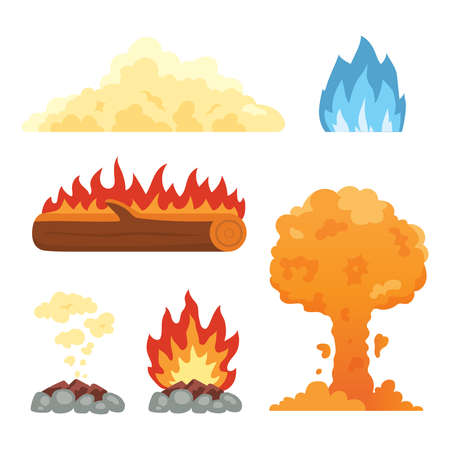 Set of hot flaming elements. Vector collection of fire flame icons in cartoon style. Flames of different shapes, forest fire, burning sheet of paper and flaming symbols.のイラスト素材