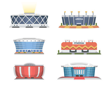 Sport stadium front view vector collection in cartoon style. City arena exterior illustration set.のイラスト素材